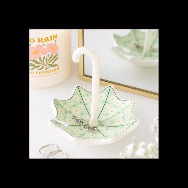 KDMD White Ceramic Floral Umbrella Trinket Dish for Jewelry and Coins