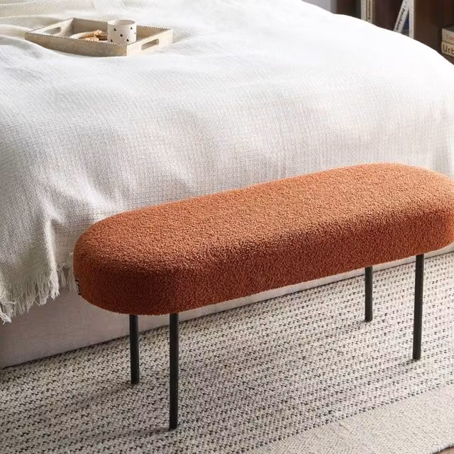 Wyld and Coco Golden Brown Boucle Oval Bench with Slim Metal Legs W: 98 cm, D: 35 cm, H: 38 cm
