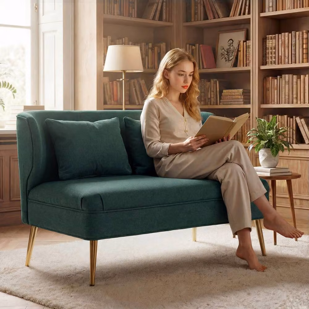 STILVORA 2 Seater Wing Back Sofa in Green with Metal Legs and Scatter Cushions – 2