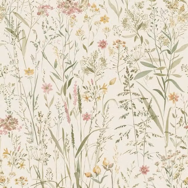 Grandeco Free Flower Sprigs & Grass Wallpaper in Natural, Blue, Green, Purple and Multicolour