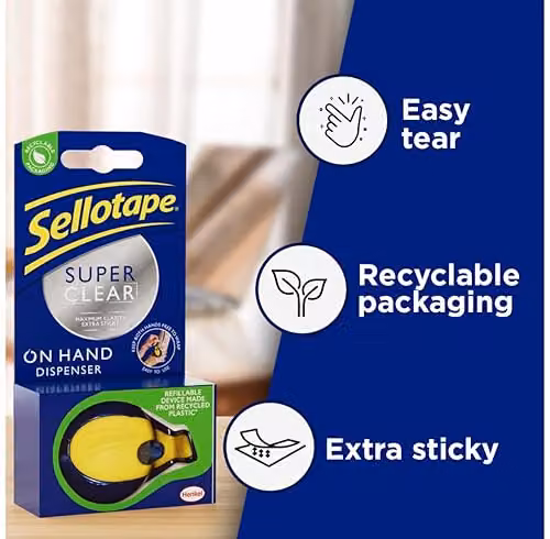 Sellotape On-Hand Dispenser with Transparent Clear Film Tape, Width: 1.8 cm, Length: 15 m – 2