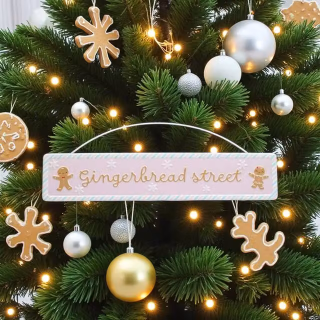 Garden Greatness Pink Gingerbread Street Christmas Hanging Metal Sign – 1