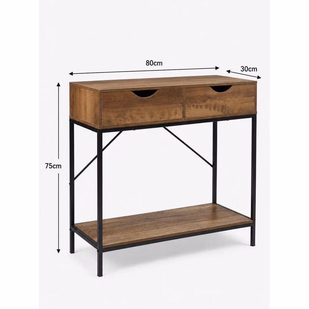 FORGEVIO Modern 2 Drawer Console Table with Wooden Shelf and Black Metal Frame, W/D/H: 80 x 30 x 75 cm – 2
