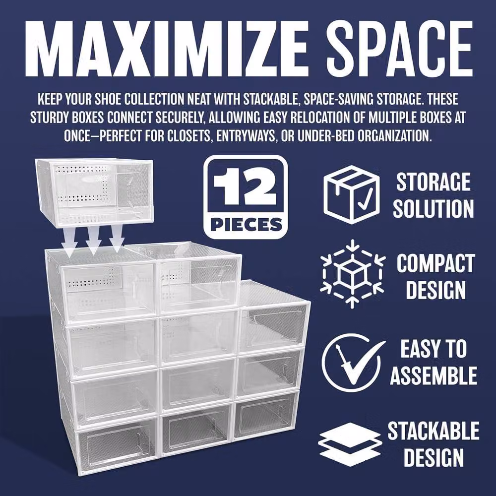 BARGAINS-GALORE 12-Piece Stackable and Foldable Clear Plastic Large Shoe Organiser Boxes – 4
