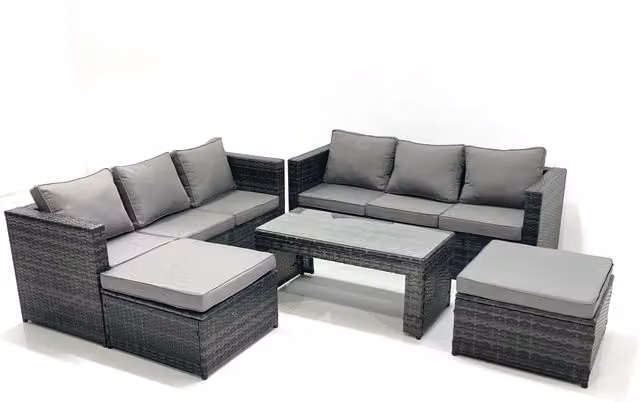 Fimous Garden Outdoor Rattan Furniture Set with Sofa, Coffee Table and 2 Footstools in Dark Grey