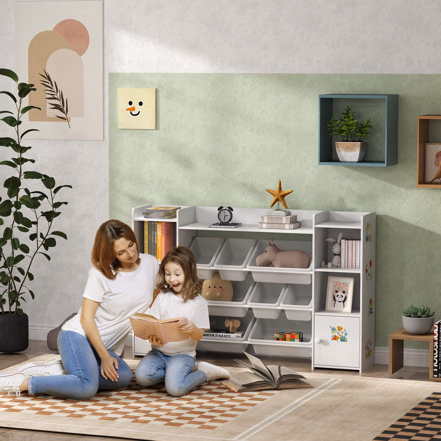 AIYAPLAY Kids Toy Organiser and Storage Unit with 8 Removable Bins and Bookshelf, White – 2