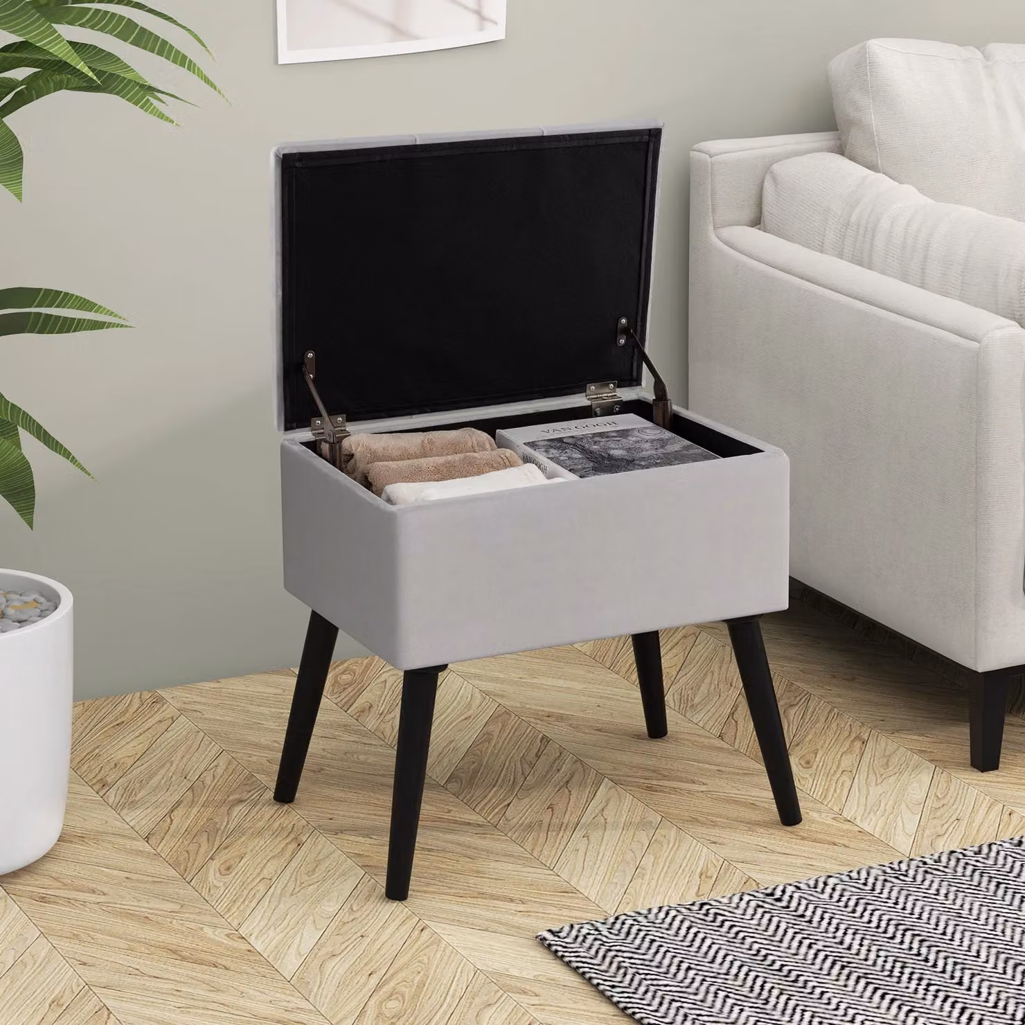 Costway Rectangular Velvet Upholstered Ottoman with Storage, Grey – 4