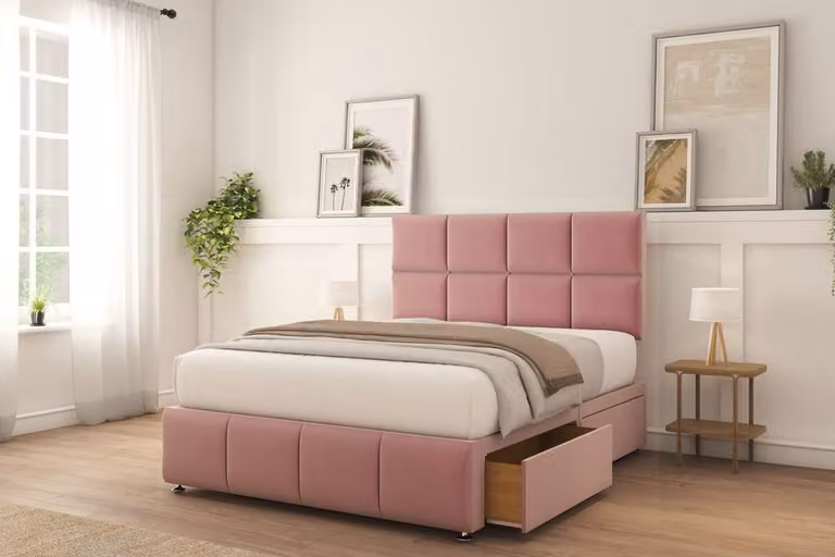 Sloomy Brington Plush Divan Bed Set in Pink with 2 Drawers and 26 inch Strutted Headboard, Small Double, W/D/H: 120 x 200 cm