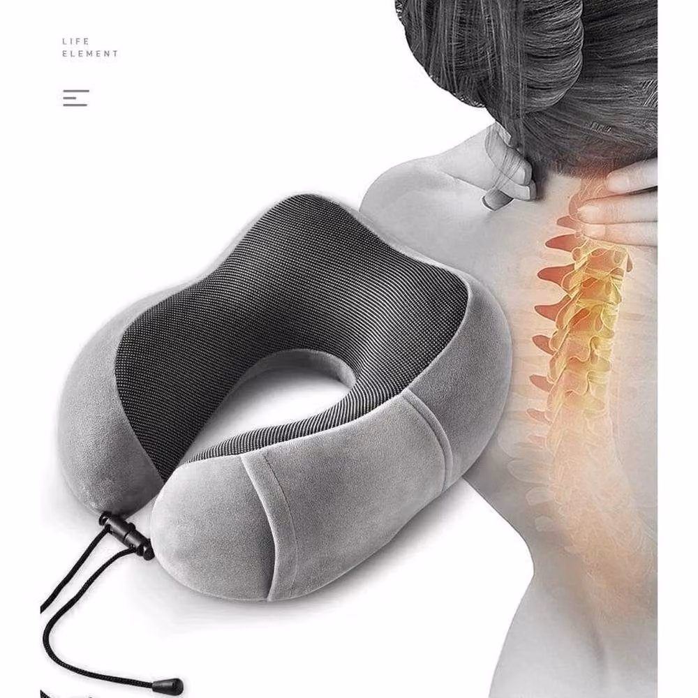 KORVIXA Grey U-Shaped Memory Foam Travel Neck Pillow with Breathable Velours Fabric – 4