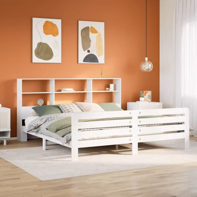Berkfield Home White Rustic Solid Wood Pine Bed Frame with Side Compartments W/D/H: 180 x 200 cm – 1