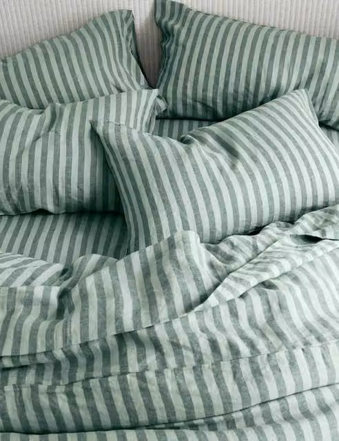 Piglet in Bed Pembroke Stripe Linen Rich Fitted Sheet, Green Mix, W: 180 cm x D: 200 cm