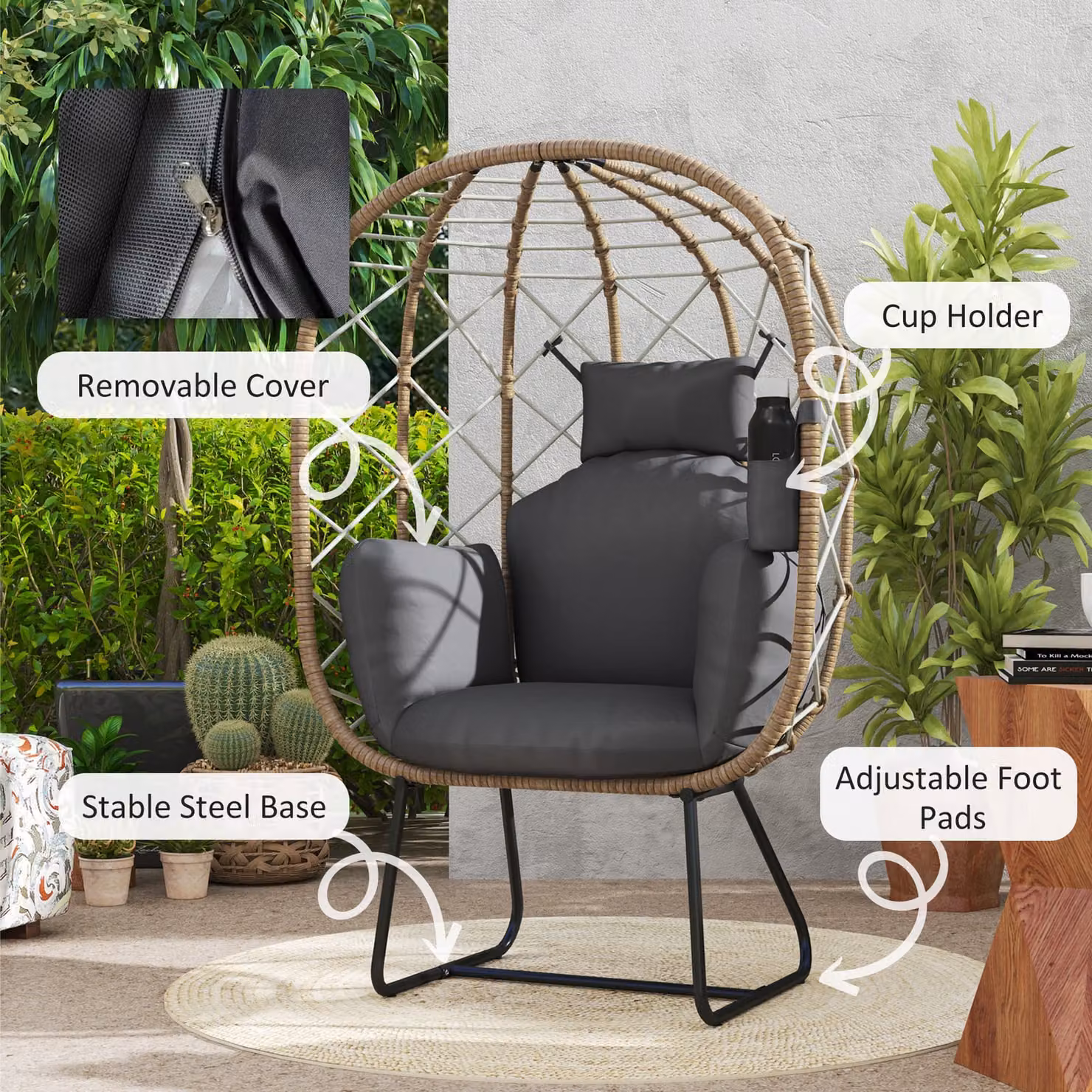 Outsunny Brown Rattan Egg Chair with Thickened Cushion, Headrest and Cup Holder for Garden, Patio or Balcony – 6