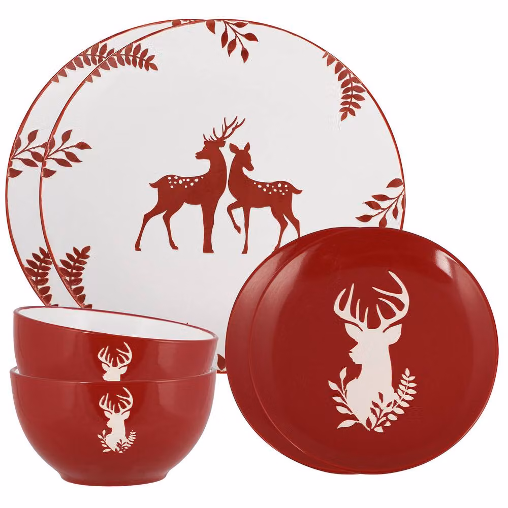 Dibor 6 Piece Red and White Reindeer Christmas Ceramic Dinnerware Set for 2 Adults – 2