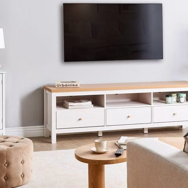 Wyld and Coco 3-Drawer TV Stand in White with Warm Top, W: 180 cm, D: 39 cm, H: 58 cm – 1