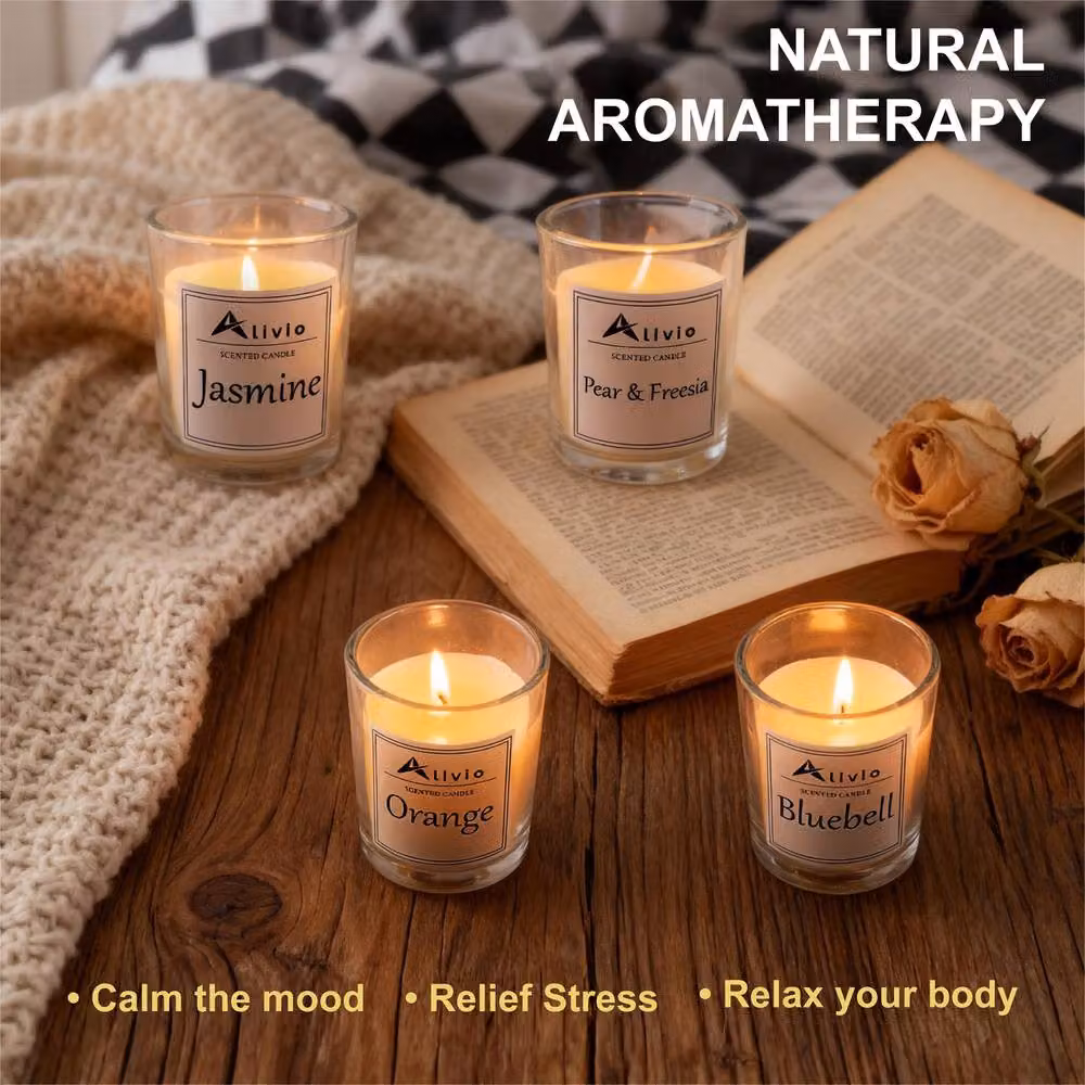 Alivio 4-Piece White Natural Soy Wax Aromatherapy Scented Votive Candles for Home Relaxation – 4