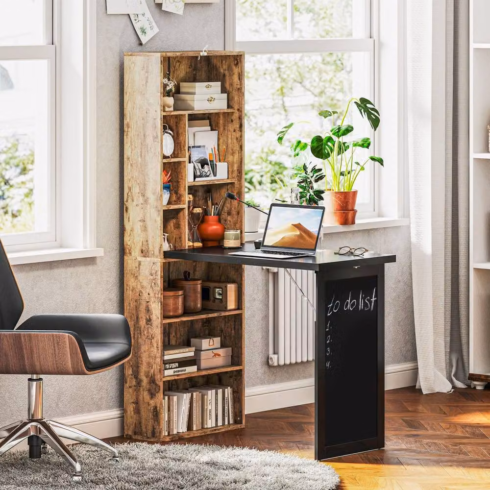 Wyld Haus Codi Secretary Desk in Rustic Brown with Folding Top, Blackboard Panel and Side Shelving, W/D/H: 98 x 51 x 62 cm – 3