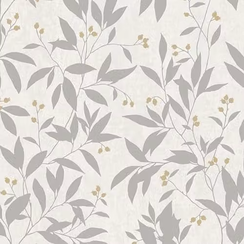 Grandeco Mikaya Rose Hip Sprig Blown Vinyl Wallpaper, White and Gold Botanical Floral Design – 1