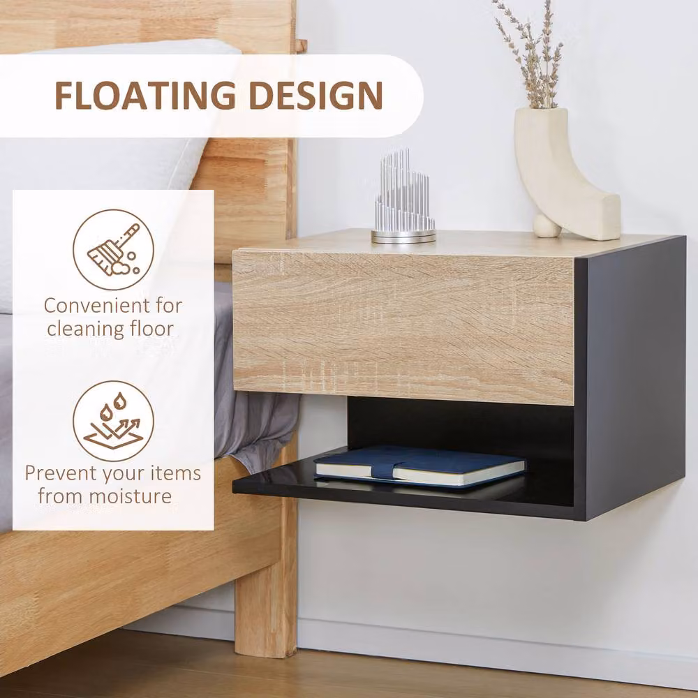 STILVORA Set of 2 Wall-Mounted Bedside Tables with Drawer and Shelf in Black – 5