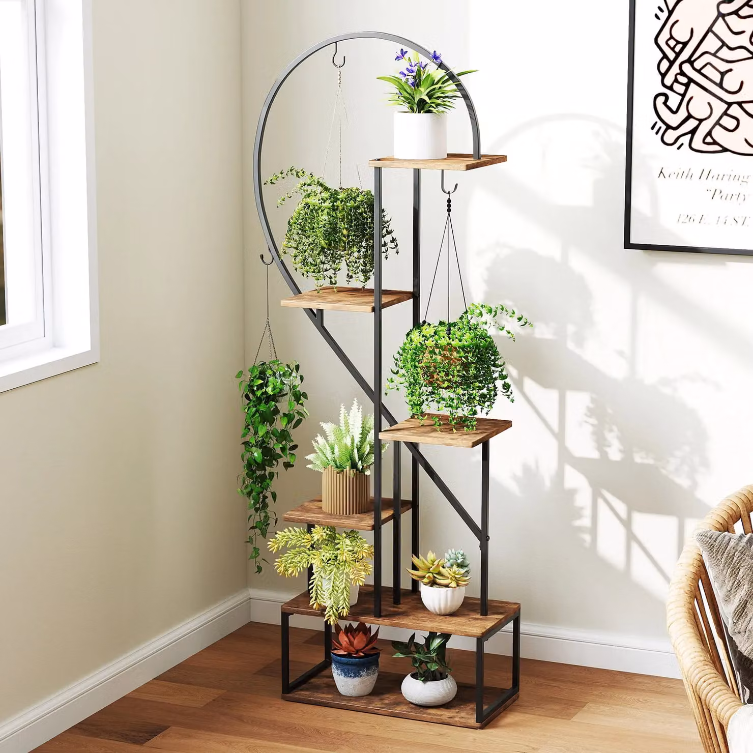 Gymax 2 Pack 6-Tier Metal and Wood Heart-Shape Ladder Plant Shelves in Brown, H: 168 cm x W: 28 cm x D: 28 cm – 2