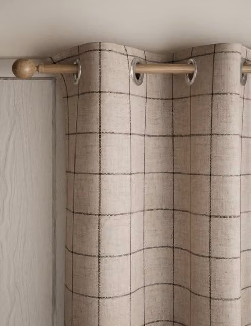 M&S Checked Windowpane Eyelet Blackout Curtains in Sand and Beige
