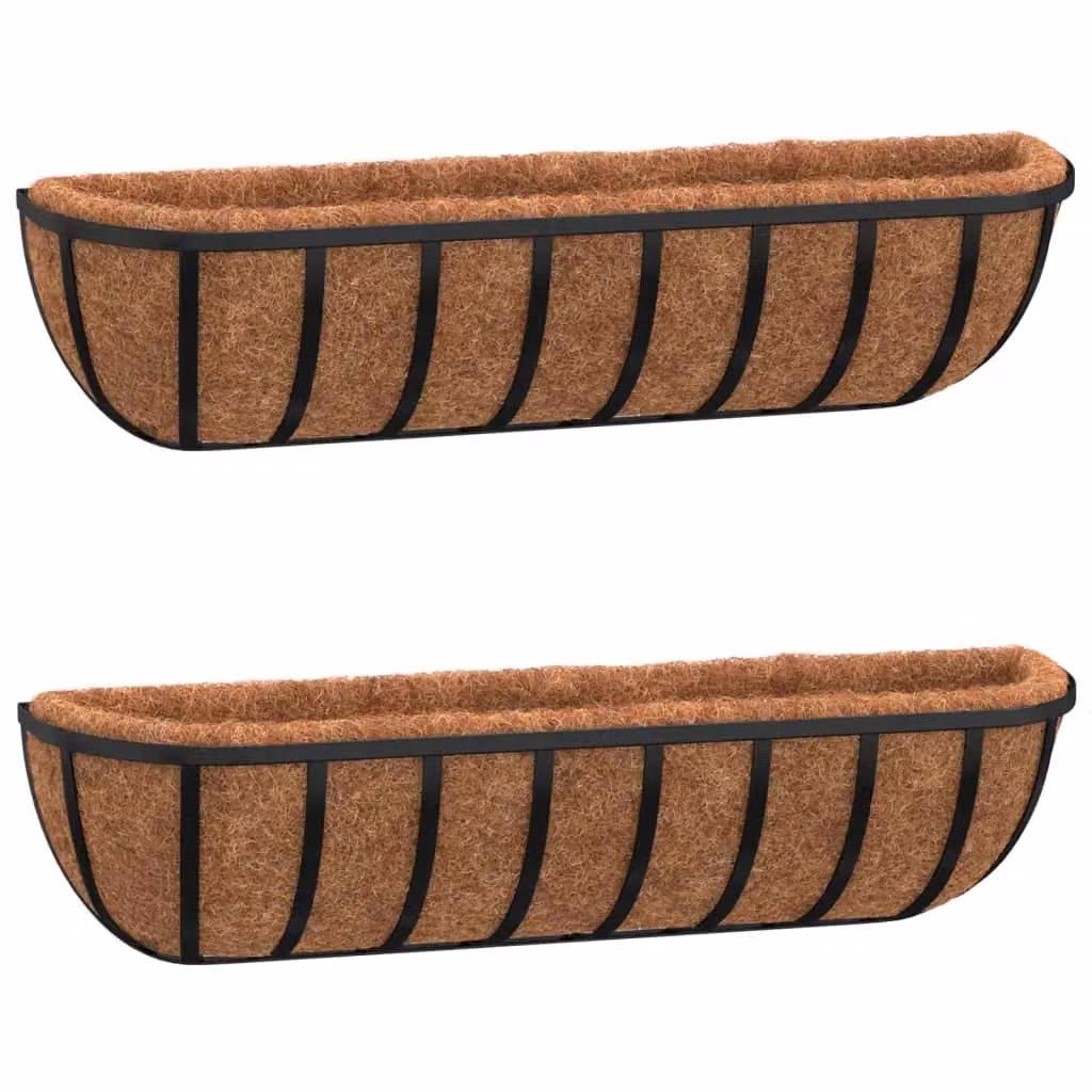 Berkfield Home Steel Wall Trough Planters with Coco Liners, Black, W/D/H: 91 x 20 x 23 cm, 2 Pack – 2