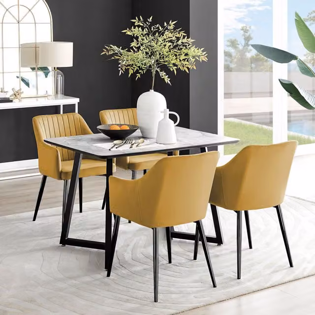FurnitureboxUK Carson White Marble Effect Dining Table and 4 Calla Mustard Chairs with Black Legs