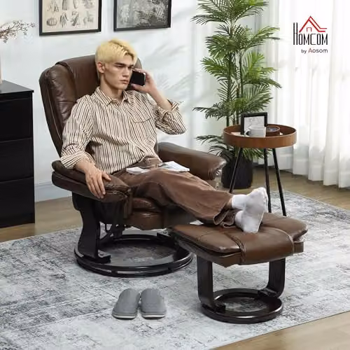 HOMCOM Swivel Manual Recliner Chair and Footstool Set in Brown PU Leather – 2