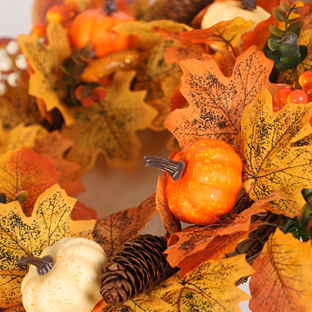 Garden Sanctuary Autumn Floral Front Door Wreath with White and Orange Pumpkins – 9