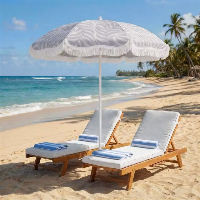 Outsunny 1.8 m Beach Umbrella Parasol with Sand Anchor and 30 Degree Tilt, Light Grey