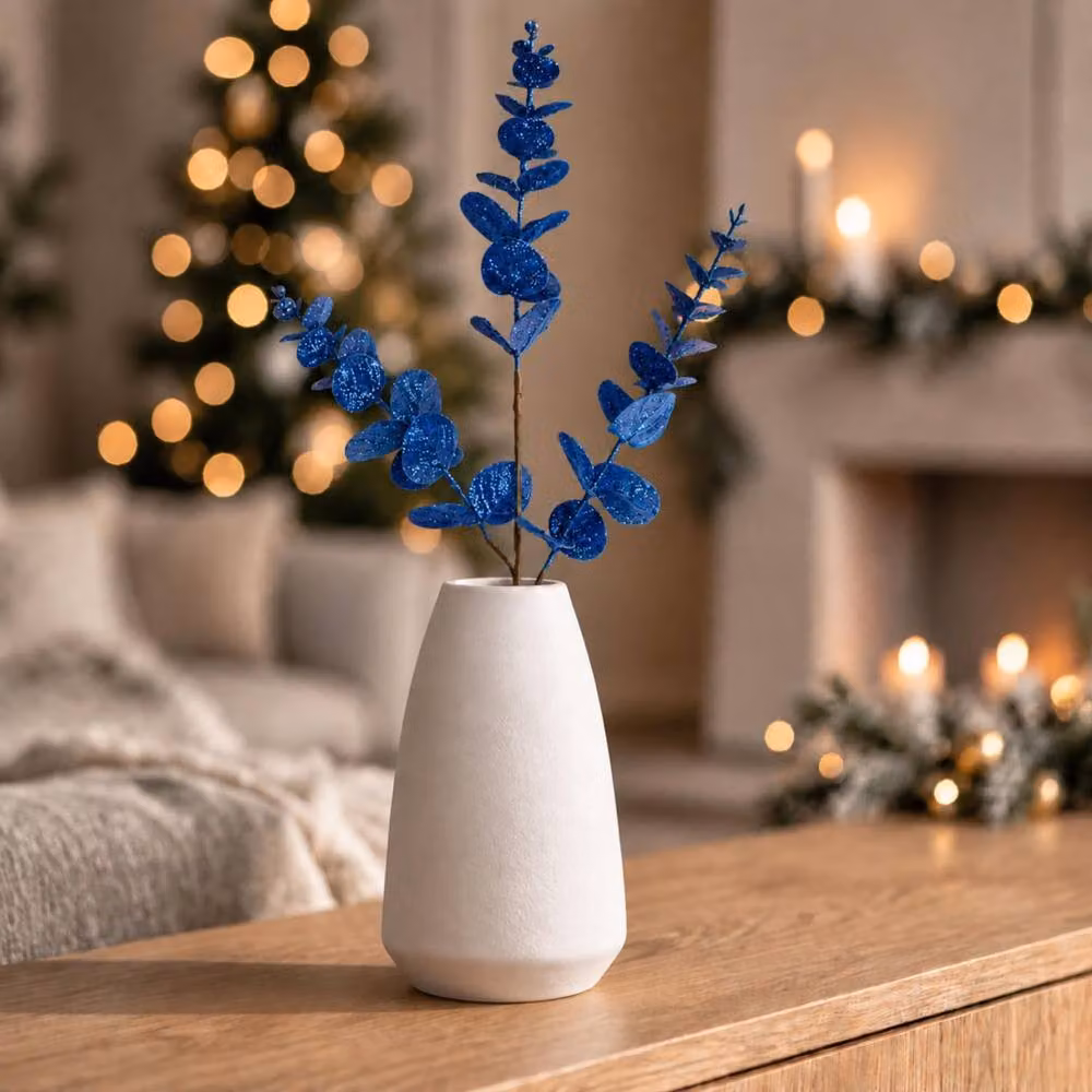 Shatchi 12 Pack Dark Blue Glitter Artificial Eucalyptus Christmas Tree Picks, 55 cm – 2