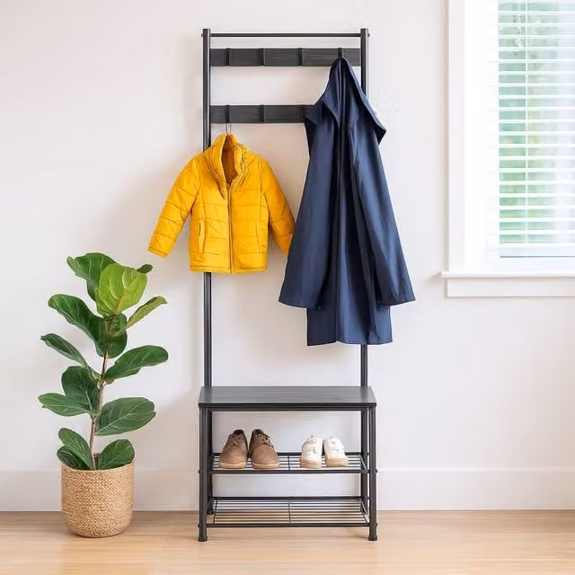 Harbour Housewares Industrial Hall Tree with Shoe Storage Bench and Coat Rack in Black – 1