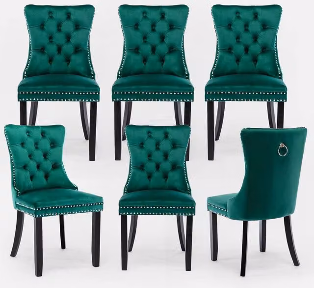 HomeTouch Romsey Set of 6 Velvet Upholstered Dining Chairs with Oak Legs and Knocker Ring Back in Dark Green
