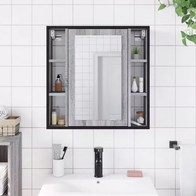 Berkfield Home Grey Sonoma Bathroom Mirror Cabinet with Hinged Glass Doors, W: 60 cm, H: 60 cm, D: 16 cm – 1