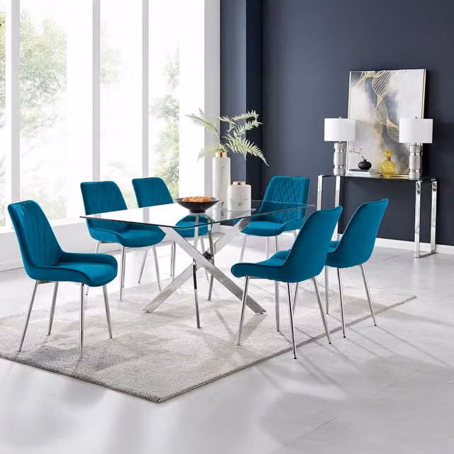 FurnitureboxUK Leonardo Dining Table with Six Pesaro Silver Leg Chairs in Blue and Transparent Glass