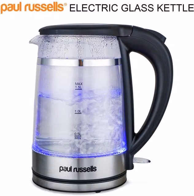 Paul Russells 1.5 l Electric Glass Kettle in Transparent Blue with 2500 W Power