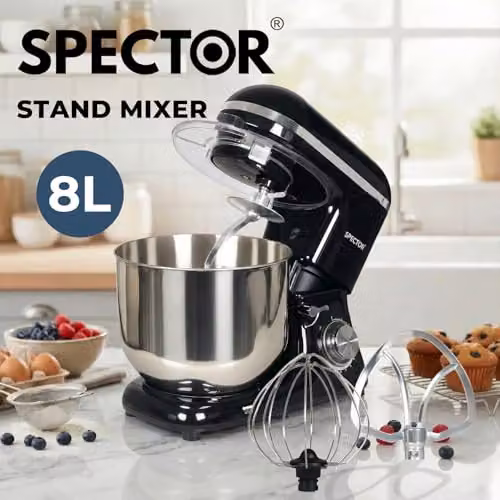 Spector 8L Heavy Duty Stand Mixer in Black with 1400W Motor and 6-Speed Function – 7