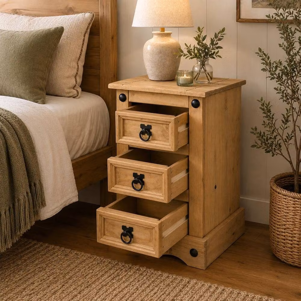 Hinsinc Rustic Mexican Pine 3 Drawer Bedside Cabinet in Brown – 3