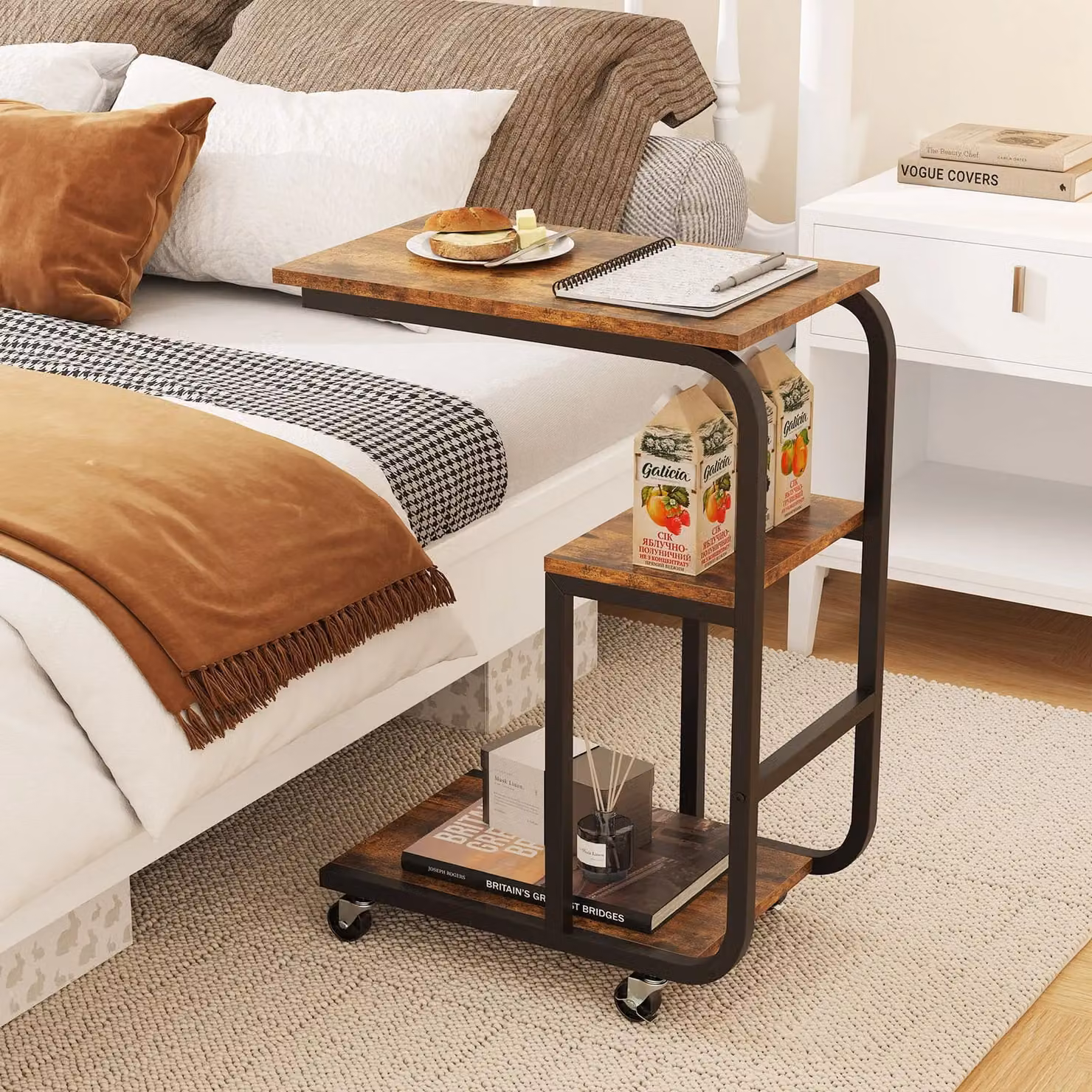 Costway C-shaped End Table with Open Shelves in Brown Rustic Wood and Metal – 3