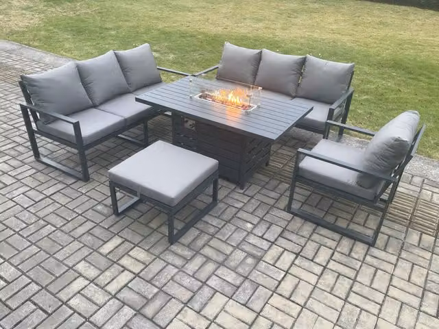 Fimous Aluminium Outdoor Lounge Sofa and Gas Fire Pit Dining Set in Dark Grey