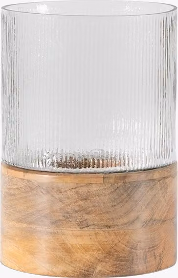 Perch & Parrow Harrow Hurricane Lamp Large in Transparent Glass and Wood
