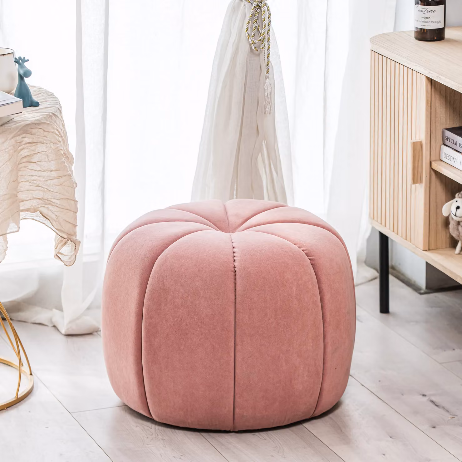 Nordlys Striped Pink Cylindrical Living Room Pouf in Bouclé and Velvet – 2