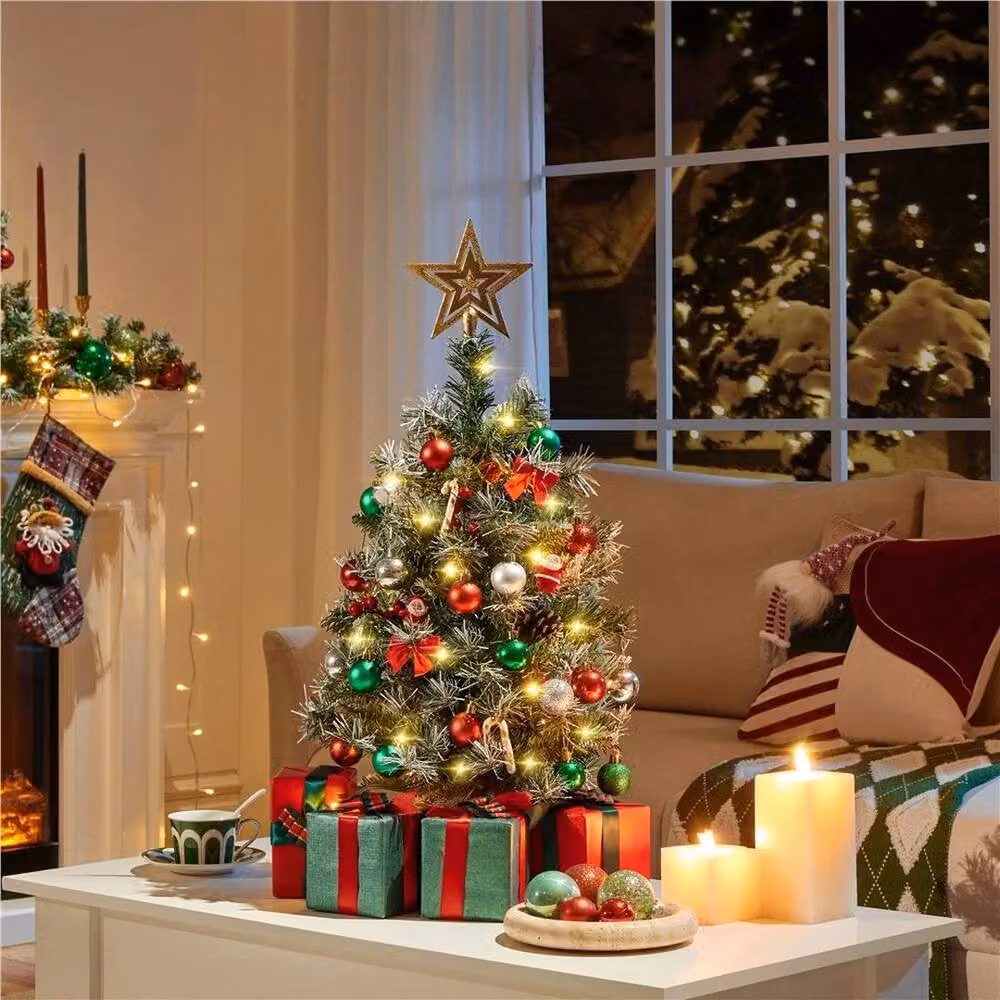 EONLION Set of 2 Pre-Lit Tabletop Christmas Trees with Multicolour LED Lights, White and Green – 5