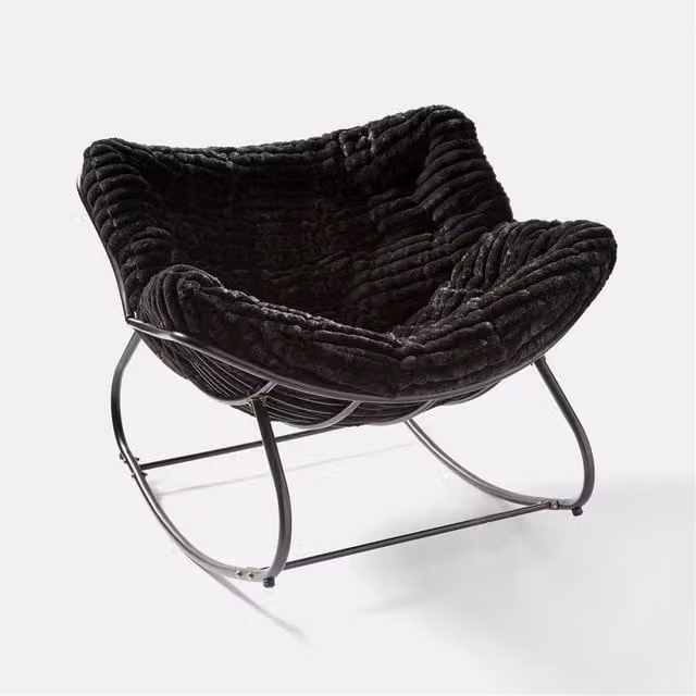 PAWNORA Modern Faux Fur Upholstered Rocking Chair with Metal Frame in Black – 1