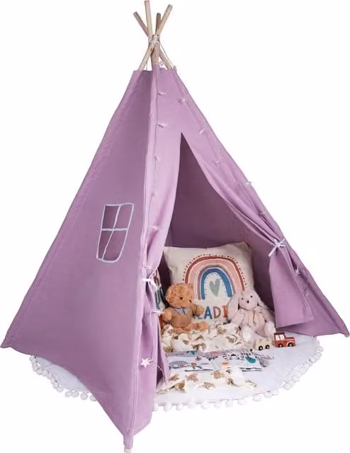 Relsy Purple Kids Play Tent Teepee with Cotton Textile and Wood Construction, H 140 cm x W 120 cm x D 120 cm