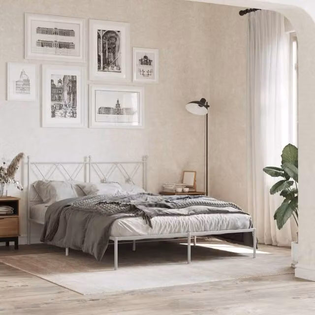 Berkfield Home Metal Bed Frame with Headboard, White, W/D/H: 140 x 190 cm – 1