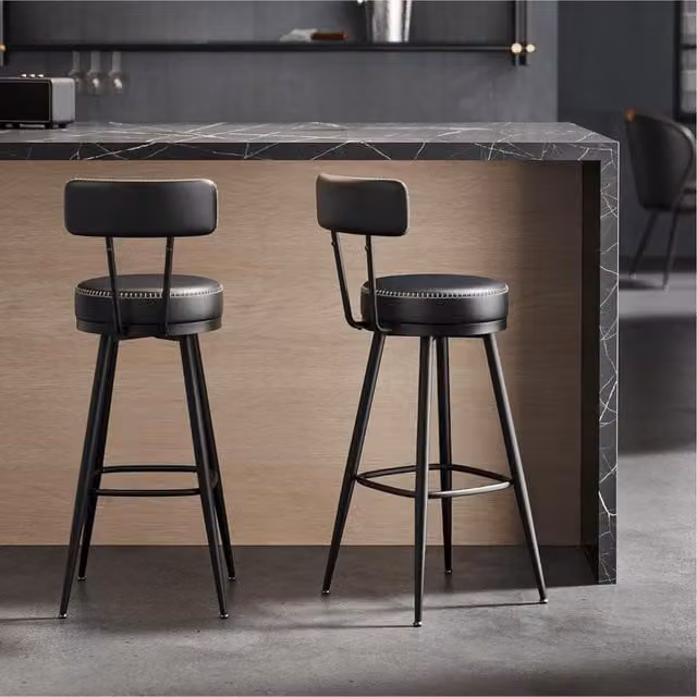 VASAGLE Set of Two Modern Black Synthetic Leather Swivel Bar Stools with Backs