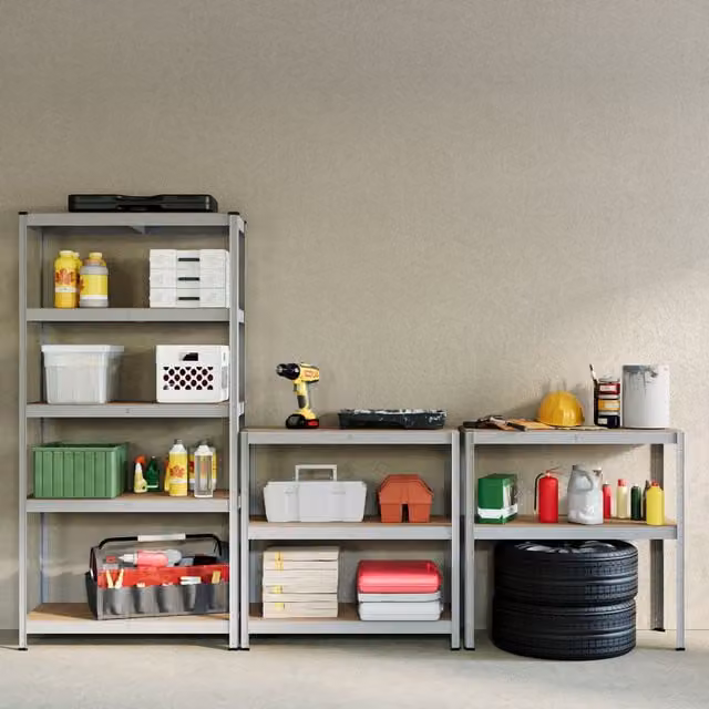 Home Discount Home Vida Set of 2 Heavy Duty 5 Tier Garage Shelves and Work Benches in Metallic Silver, W: 180 cm, D: 90 cm, H: 90 cm