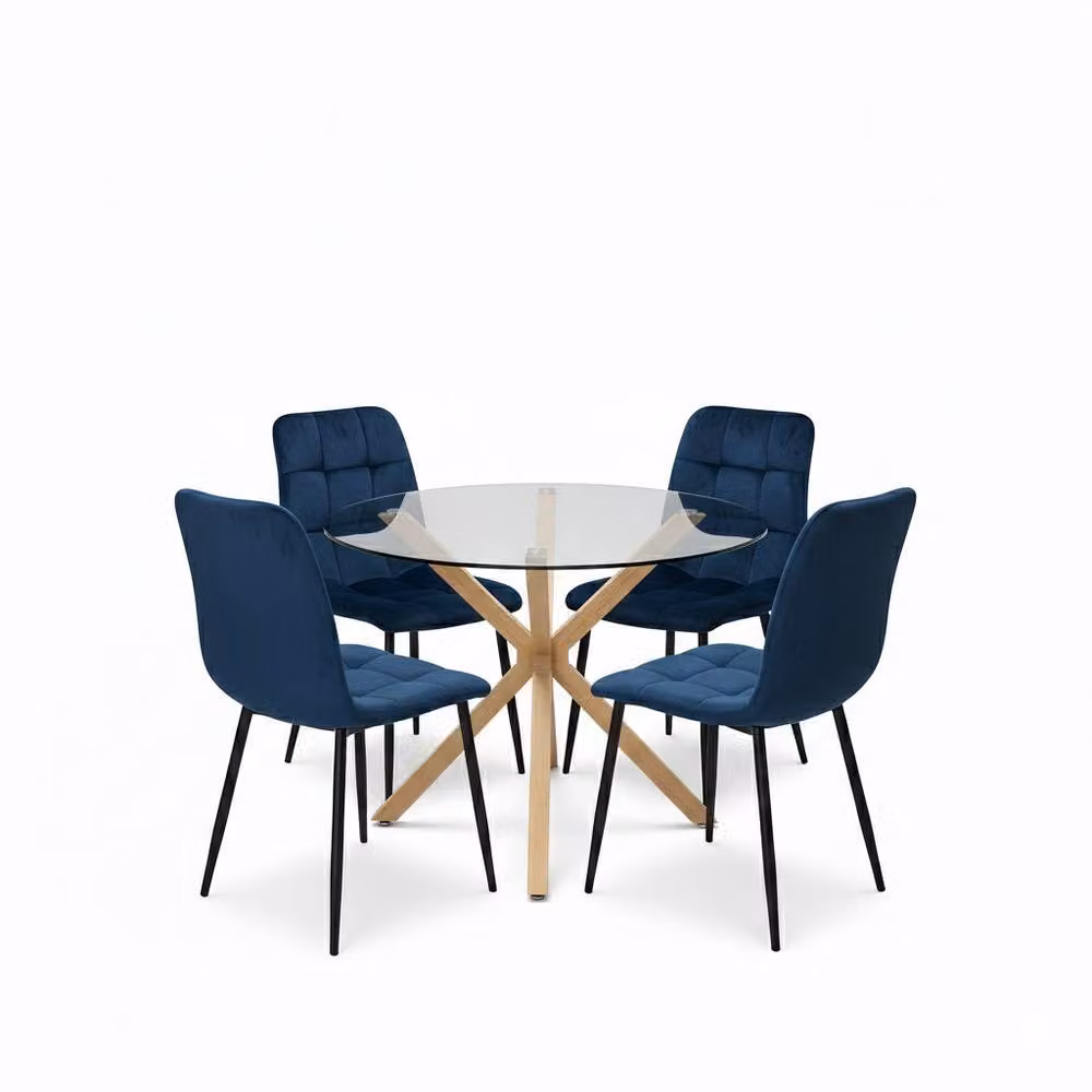KOSY KOALA Round Glass Dining Table Set with 4 Blue Velvet Chairs – 2
