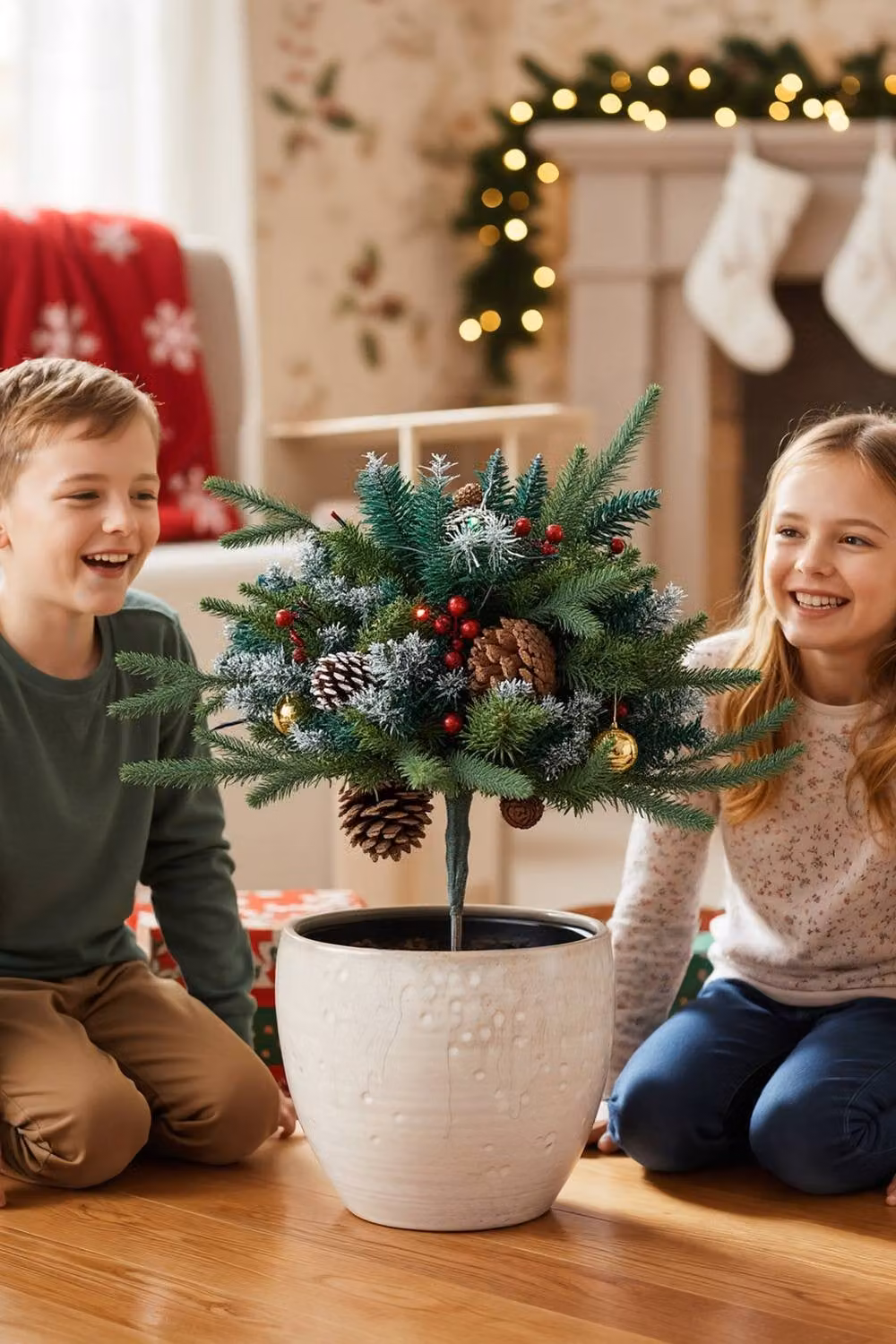 Living and Home Pre-Lit Artificial Christmas Planter Bushes in Green, White and Multicolour, Pack of 2 – 1