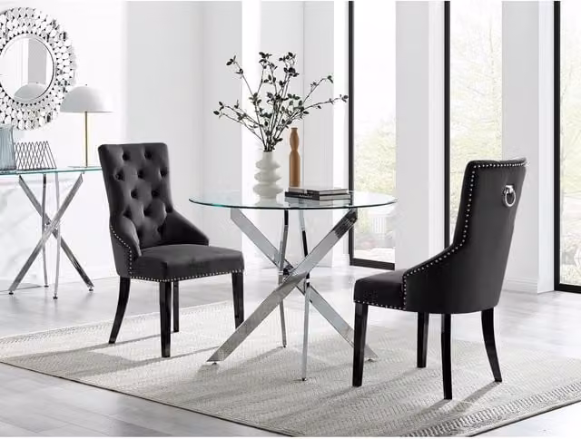 FurnitureboxUK Novara 100cm Round Glass Dining Table and 2 Belgravia Black Leg Chairs in Black
